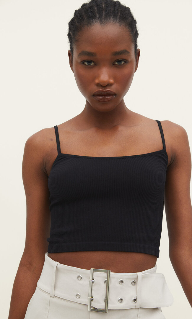 Stradivarius Nahtloses Cropped-Top mit Trägern Schwarz XL
