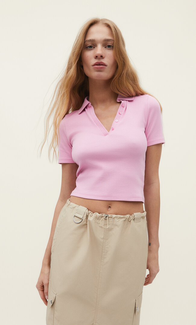 

Stradivarius Koszulka polo z guzikami Pastelowy róż L