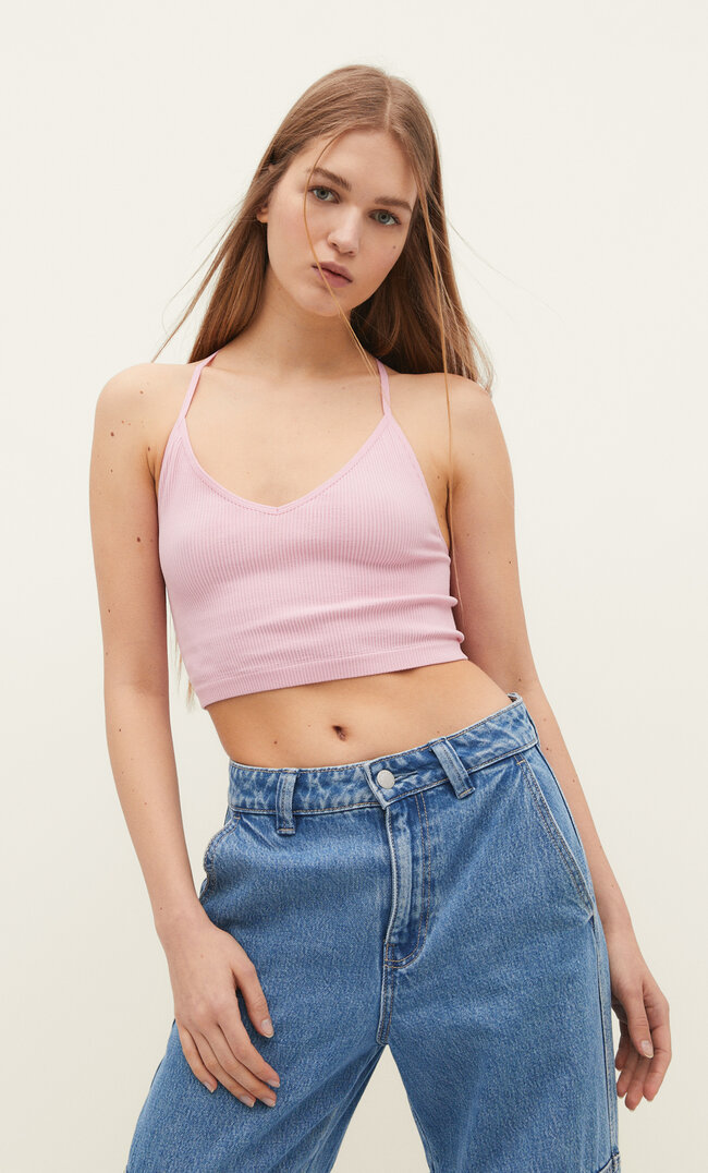 

Stradivarius Nahtloses Top mit Spitzenträgern Kaugummirosa M