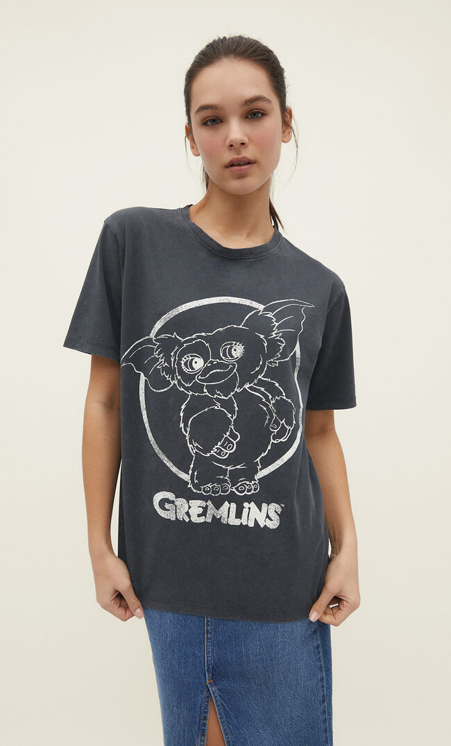 Stradivarius Shirt mit Gremlins-Lizenz Graumeliert L