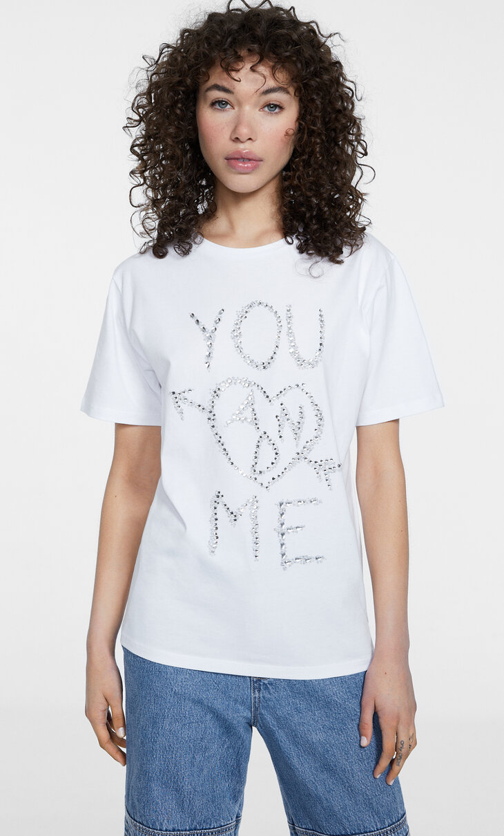 Marškinėliai su dirbtiniais brangakmeniais „You & me“