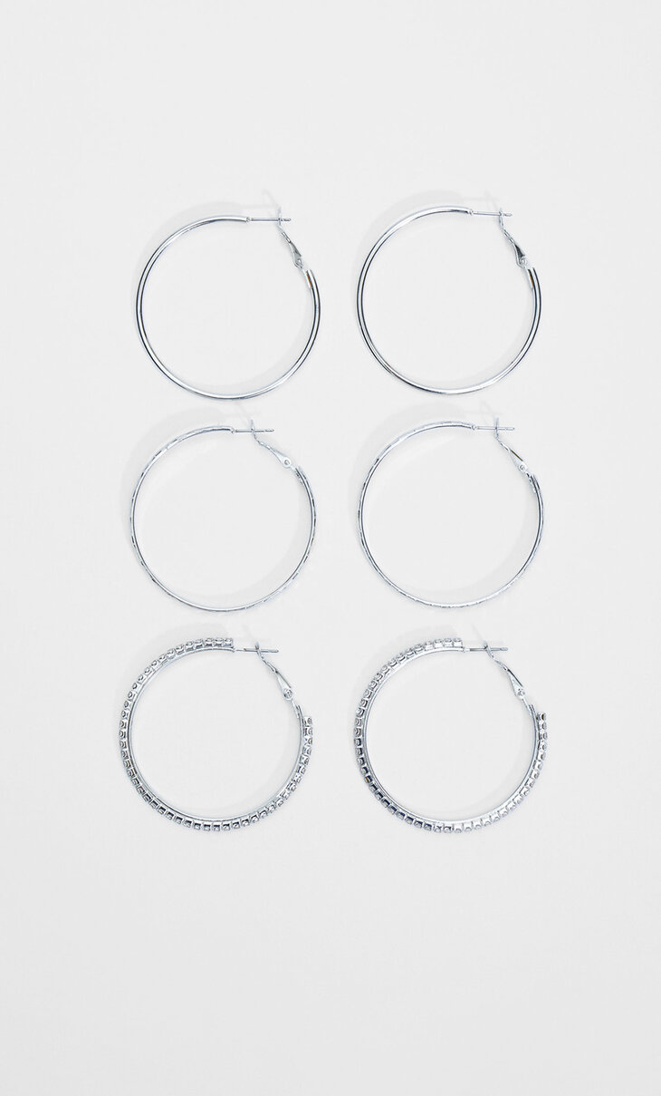 Set of 3 pairs of rhinestone and textured hoop earrings
