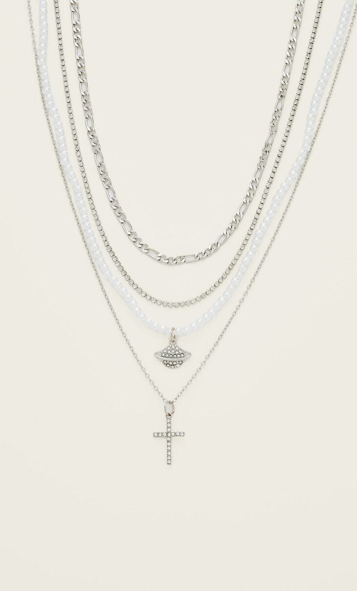 Set of 4 rhinestone cross and planet necklaces