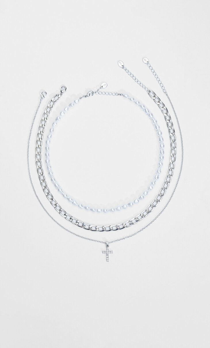 Набор из 3 ожерелий с подвеской “Крест” и искусственным жемчугом