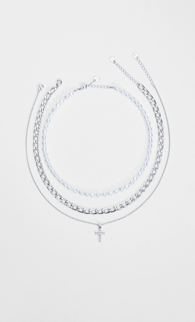 

Stradivarius 3er-Set Halsketten Mit Kreuz Und Perle Grau M
