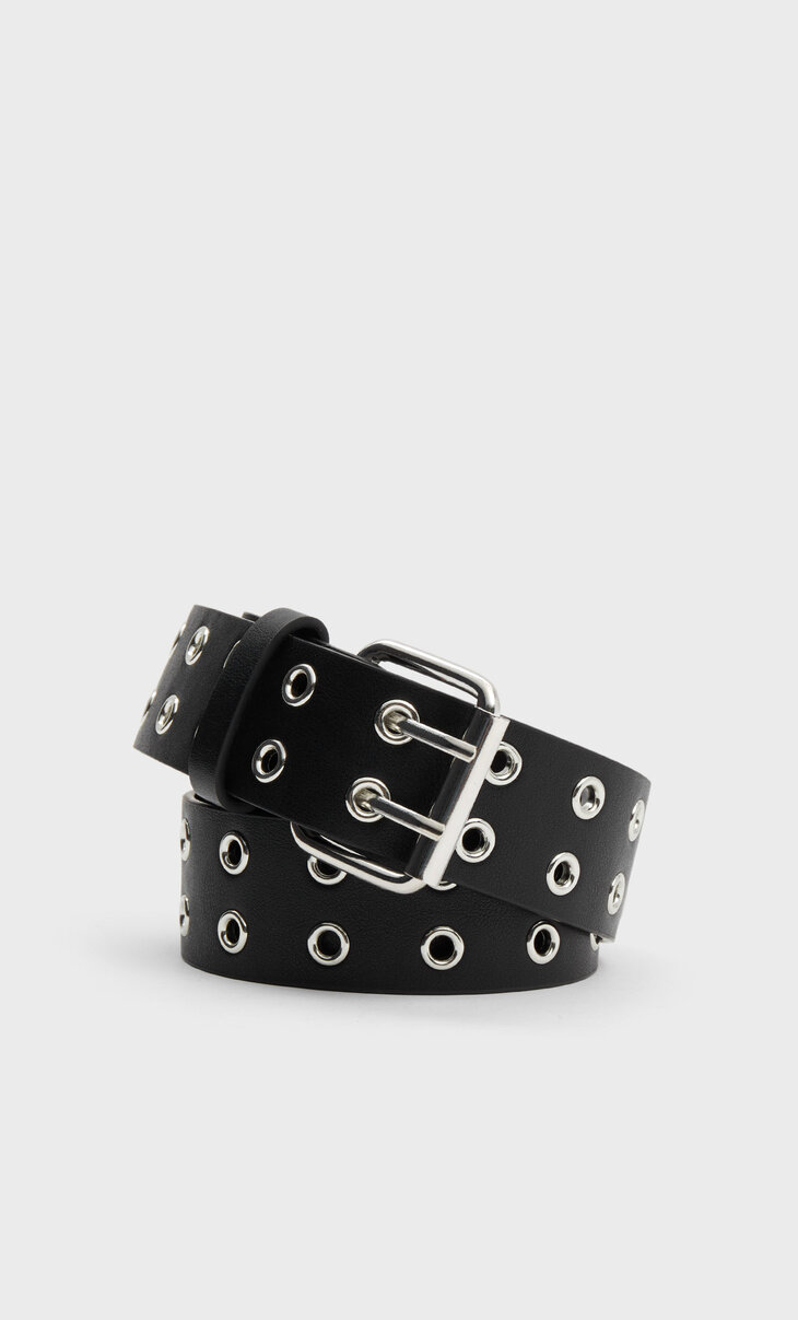 Belt with eyelets and square buckle