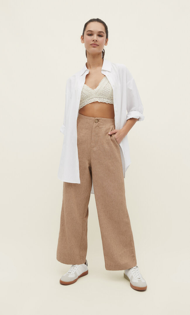 

Stradivarius Culotte-Stoffhose mit Leinenanteil Dunkles Gelbbraun 40
