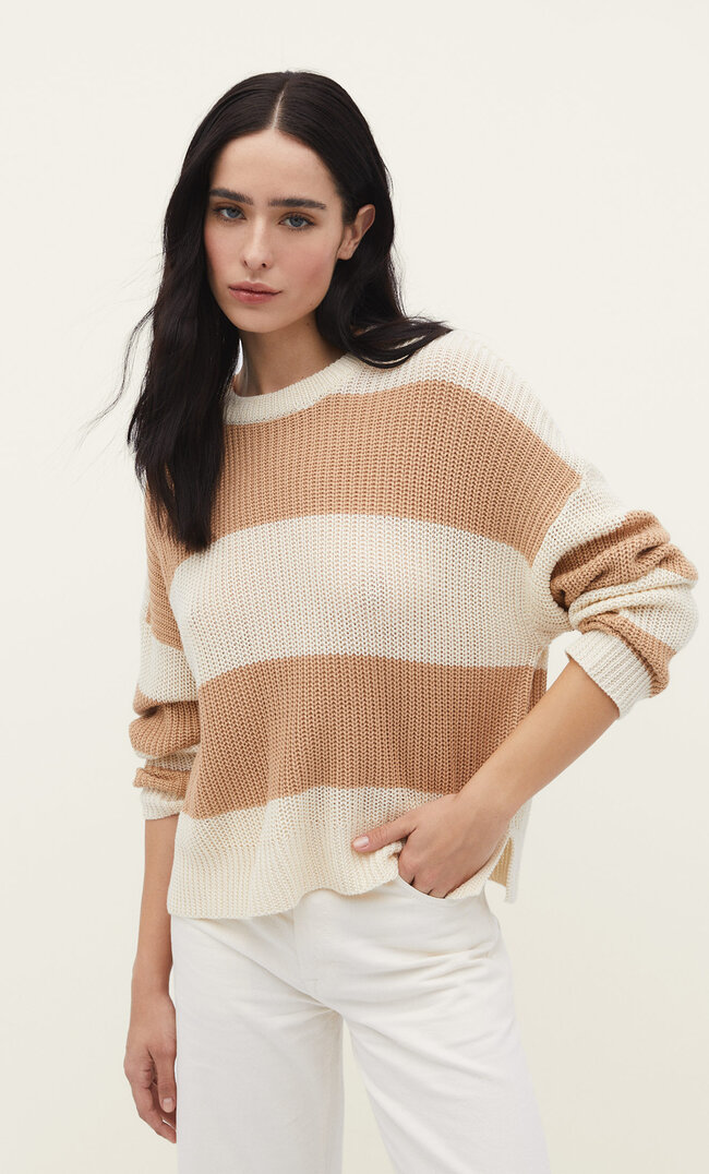 Stradivarius Sweter basic w paski Beżowy XS