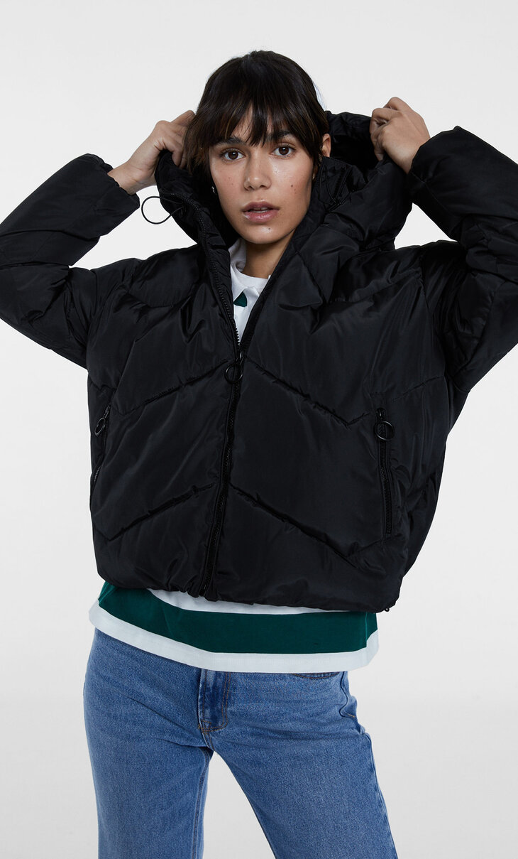 Water-resistant hooded puffer jacket
