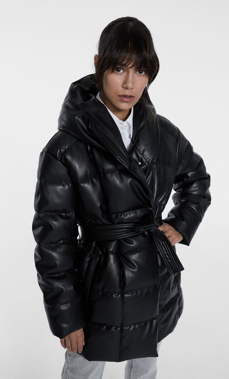 Faux leather puffer jacket with belt