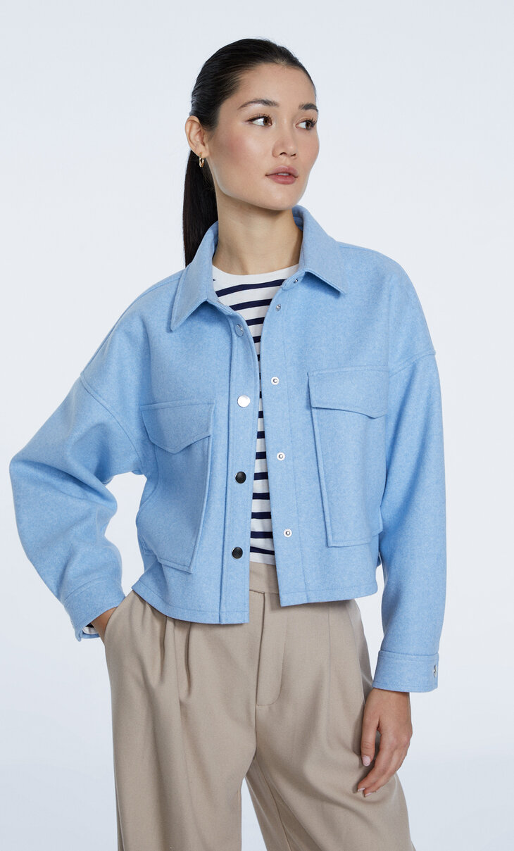 Cropped napped knit overshirt