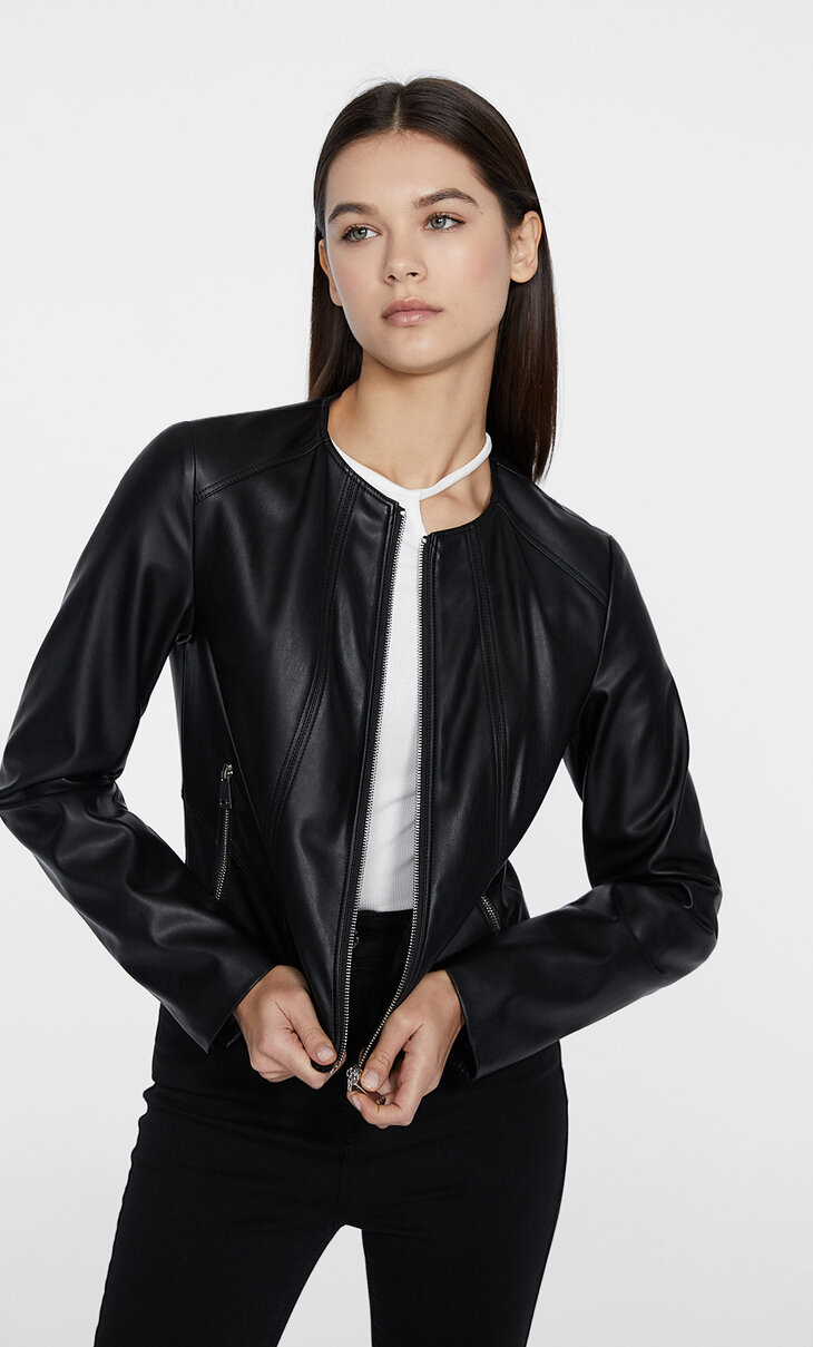 Faux leather jacket with round neck