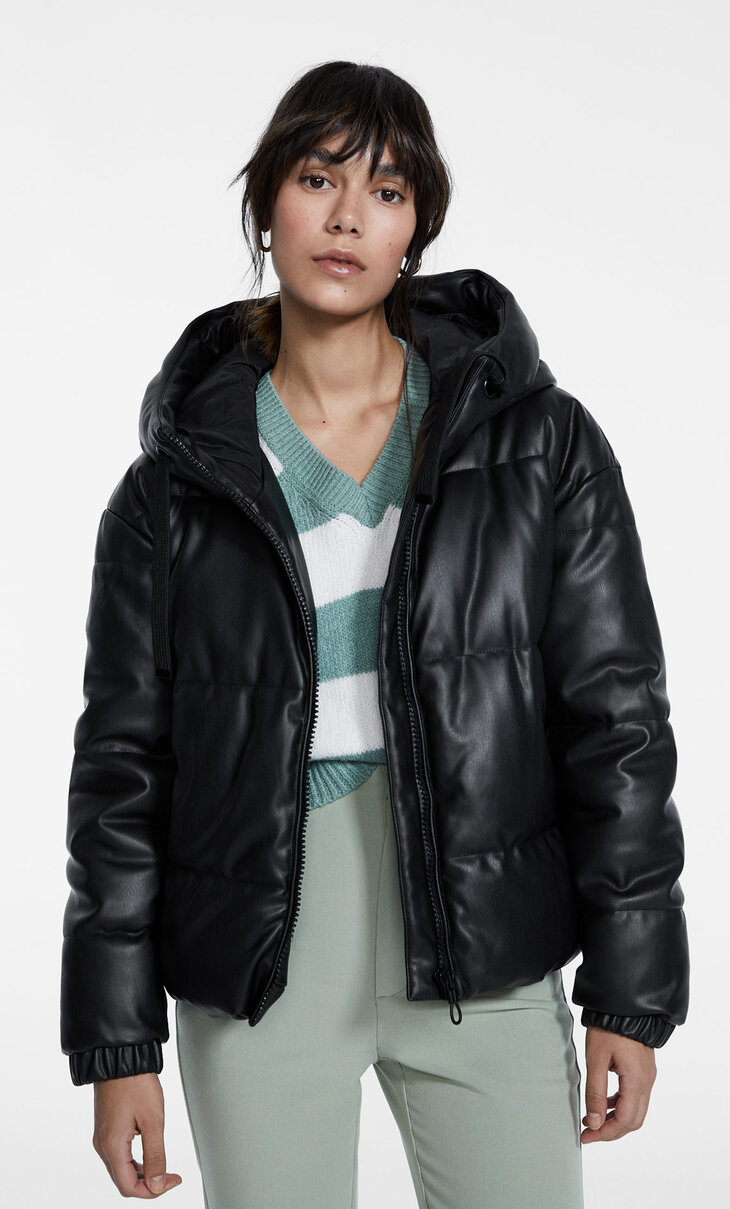 Hooded faux leather puffer jacket