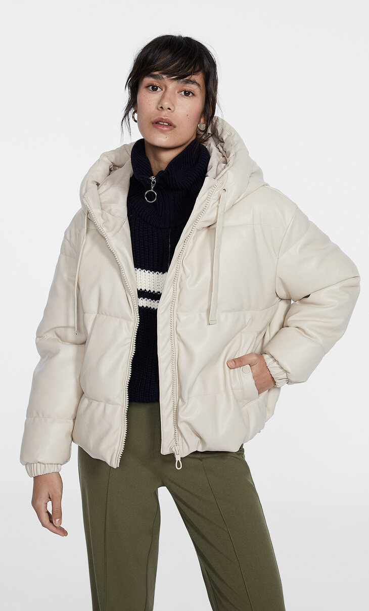 Hooded faux leather puffer jacket