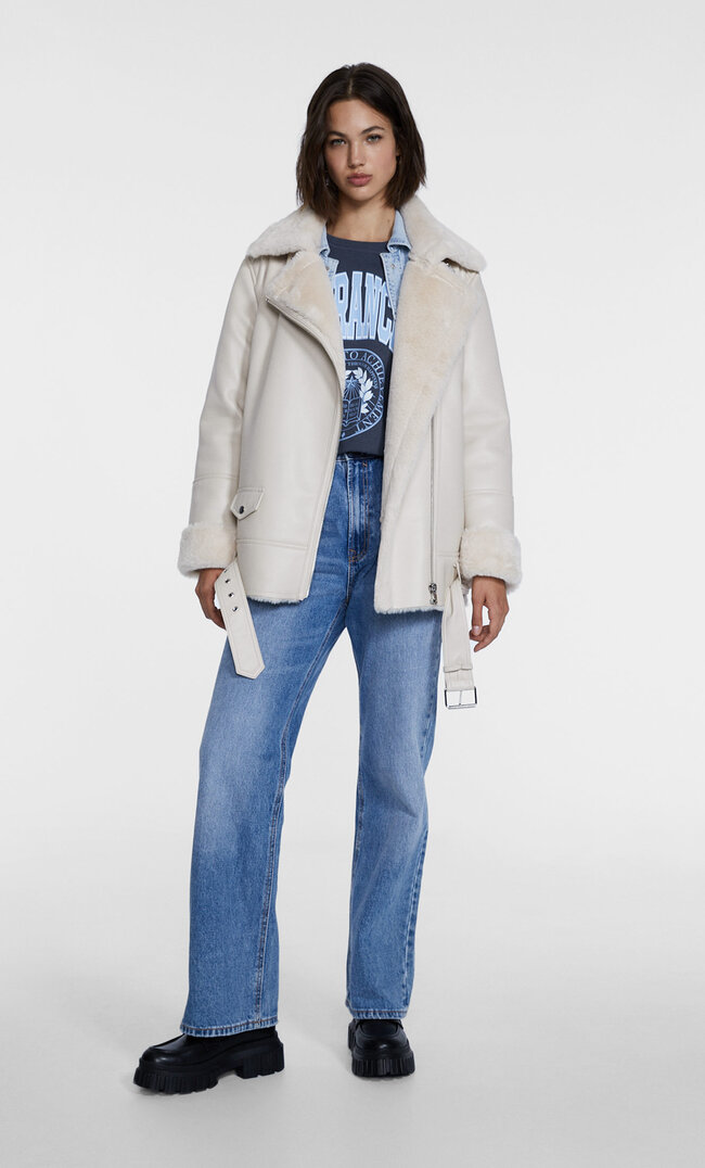 

Stradivarius Doubleface-Bikerjacke Aus Kunstleder Ecru M