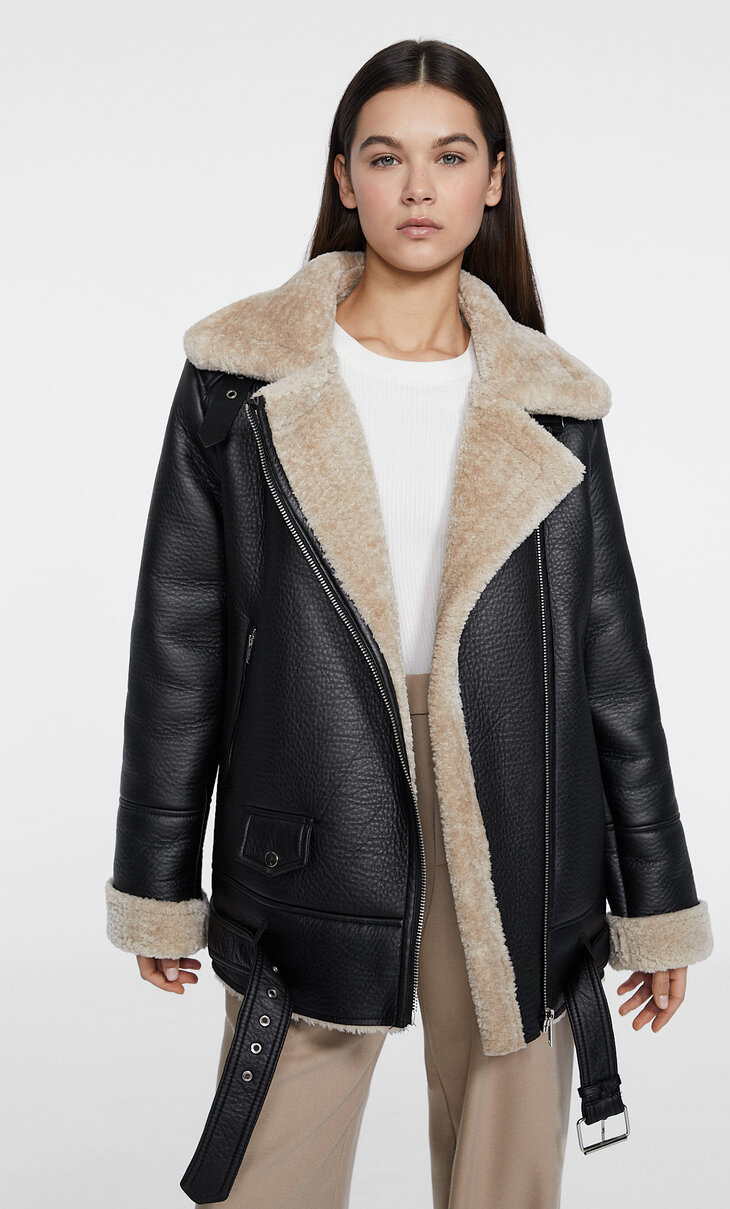 Double-faced biker jacket with contrast faux fur