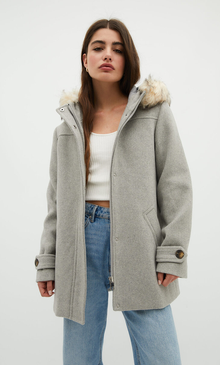 Cropped felt texture coat with faux fur hood