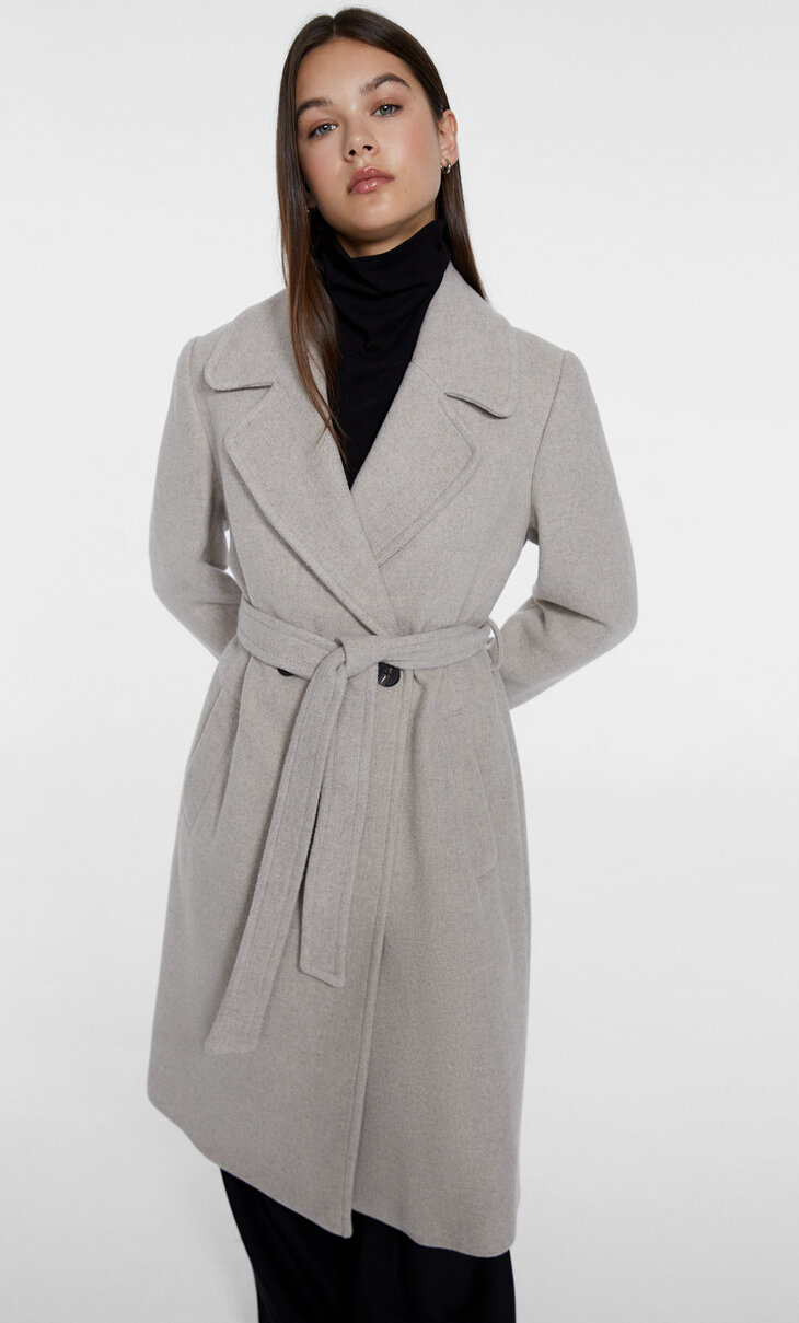 Felt texture coat with belt - Women's fashion | Stradivarius United Kingdom