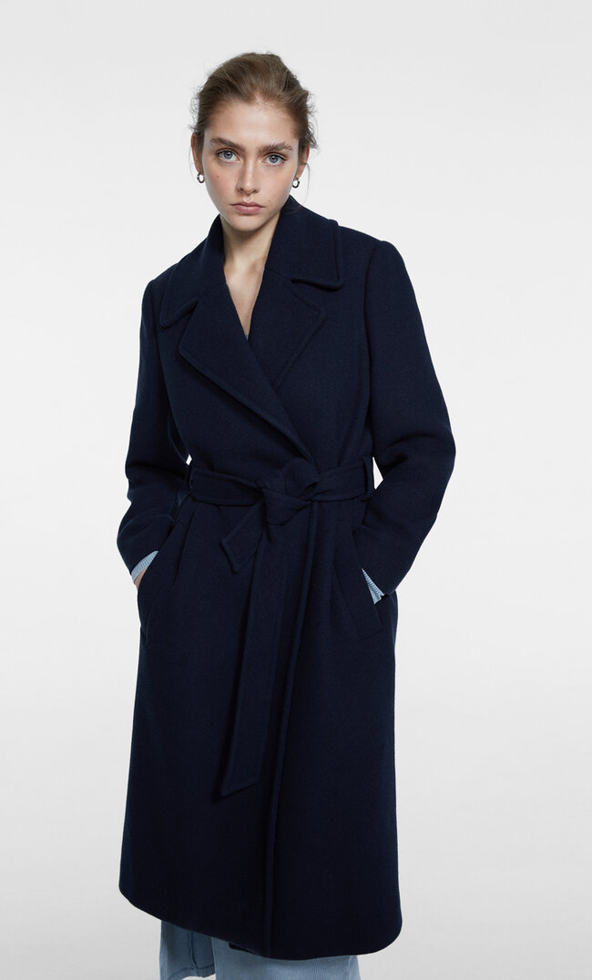 

Stradivarius Stoffmantel mit Gürtel Marineblau XS