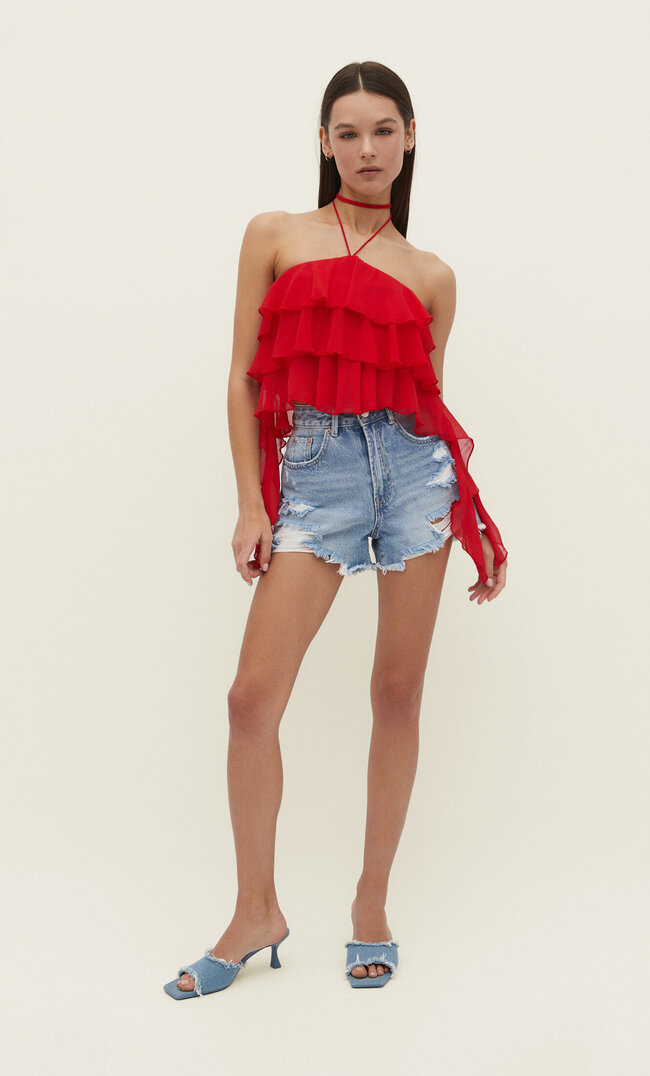 

Stradivarius Neckholder-Top mit Volant Rot XL