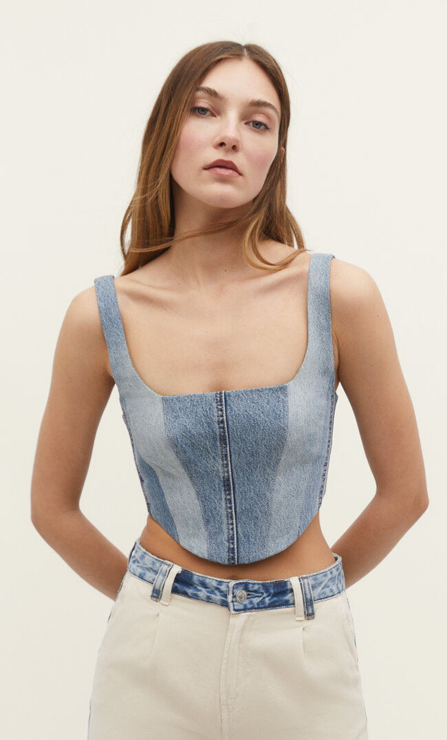 

Stradivarius Corsage-Top aus Jeansstoff Medium light blue Denim XS