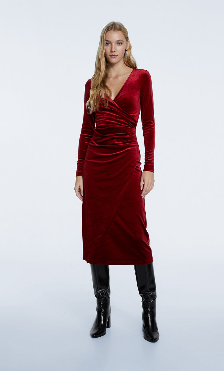 Velvet midi dress with wrap skirt