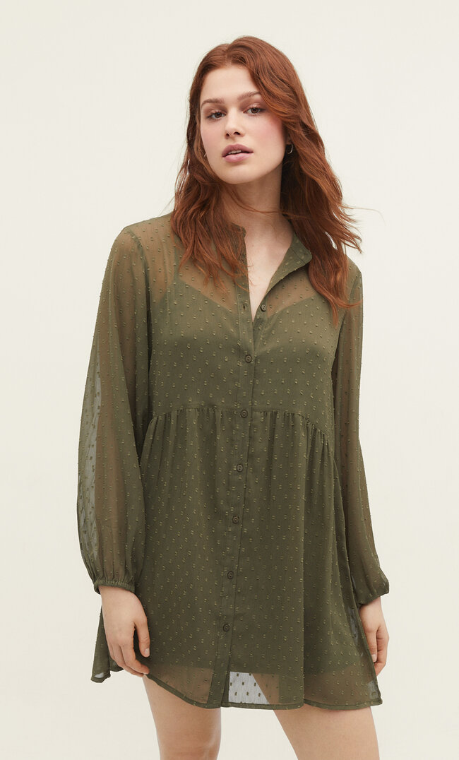 

Stradivarius Kurzes Kleid mit Maokragen und Print Khaki M