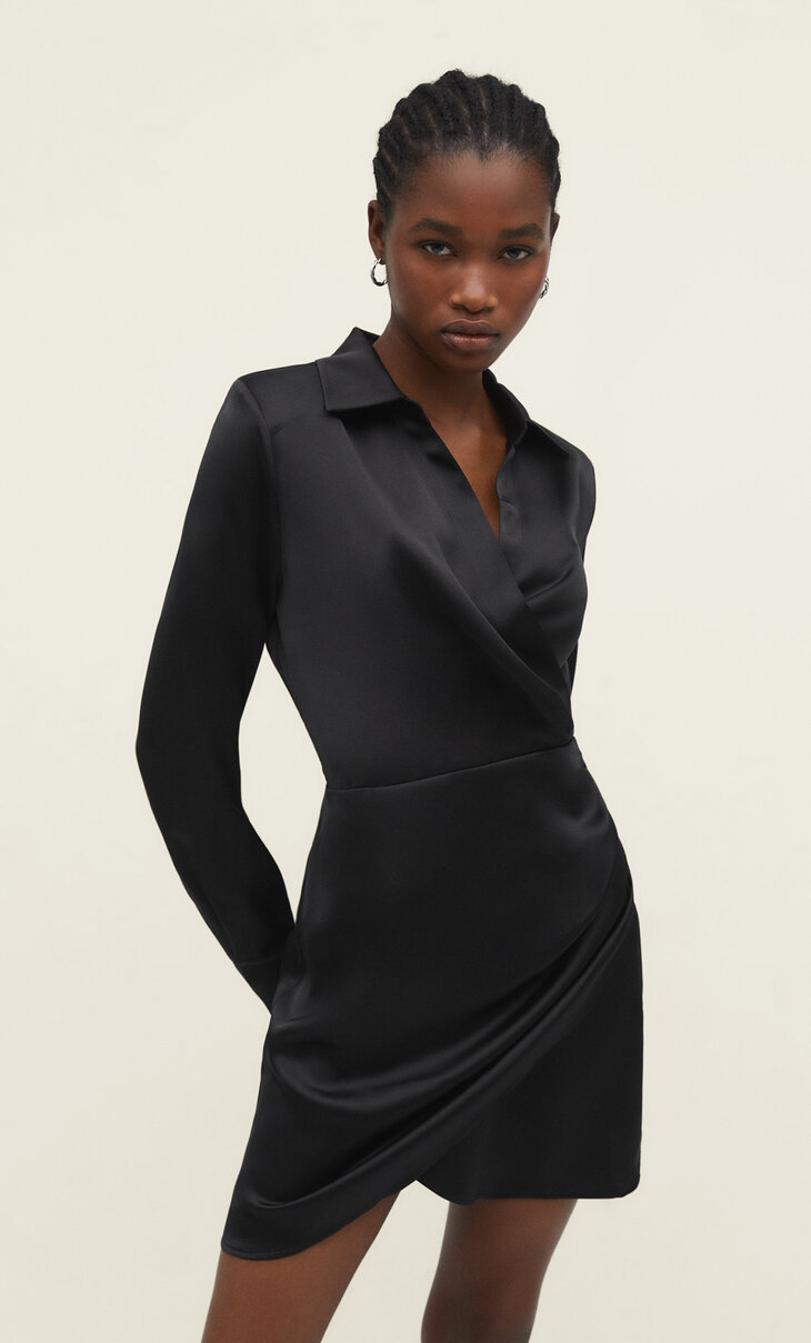 Short dress with sateen draped skirt