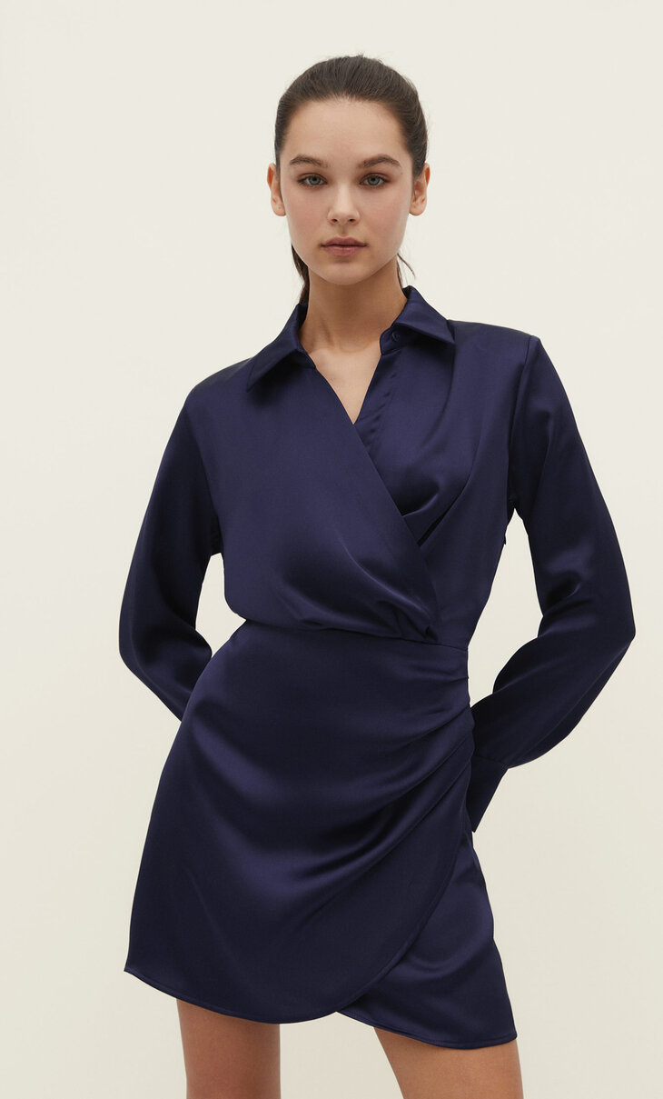 Short dress with sateen draped skirt