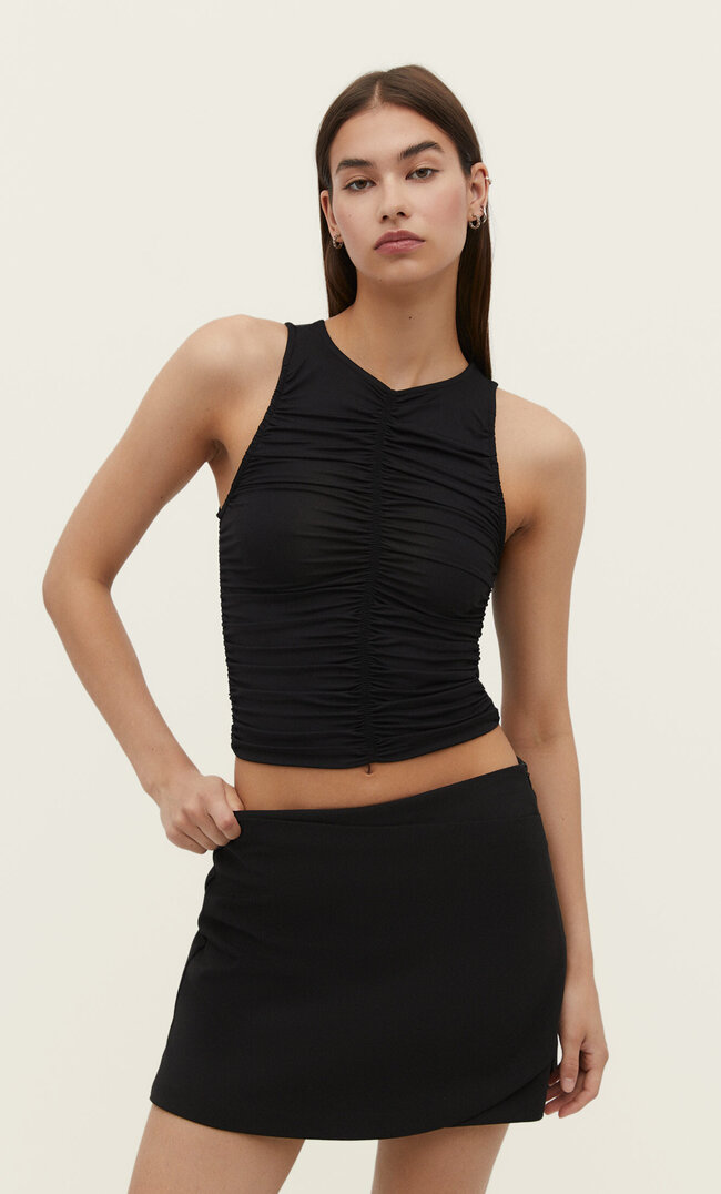 Stradivarius Shirt Gathering Schwarz L