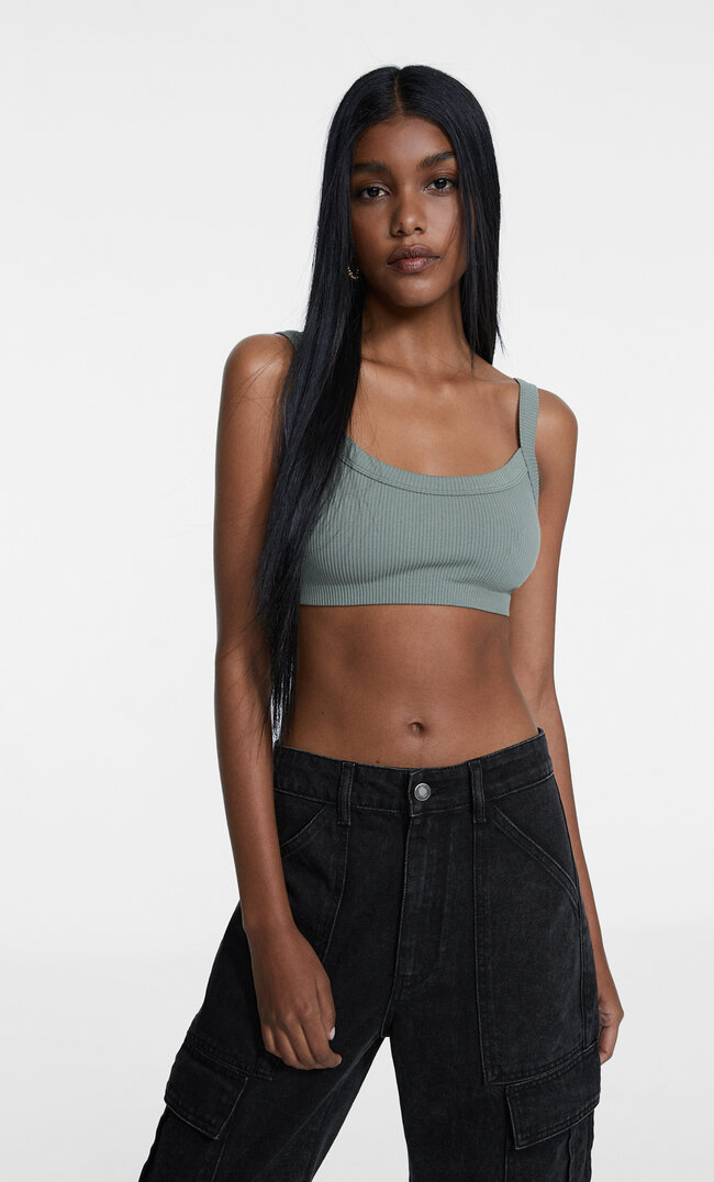 Stradivarius Bezszwowy top bralette Khaki S