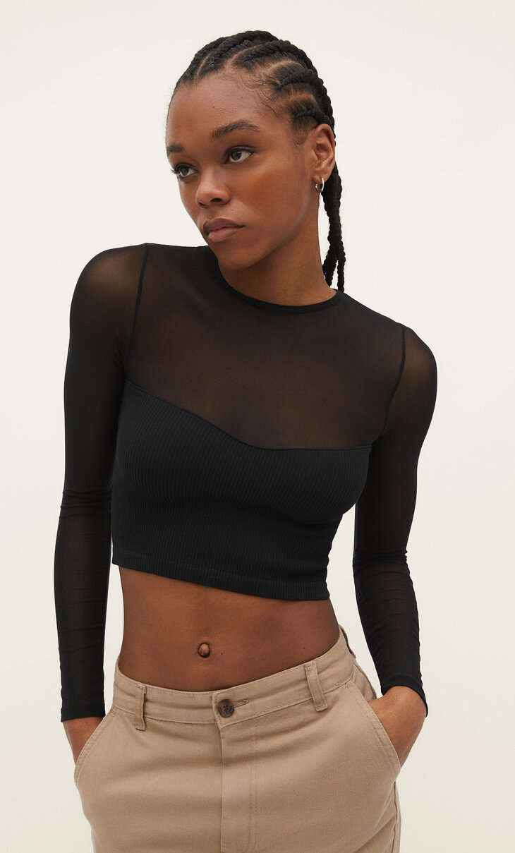 Seamless T-shirt with contrast tulle detail