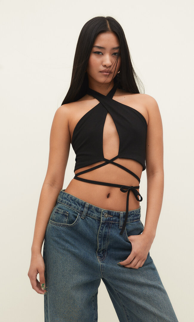

Stradivarius Top In Wickeloptik Schwarz M