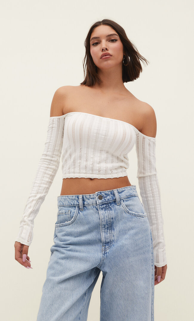 

Stradivarius Shirt mit Lochmuster Ecru L