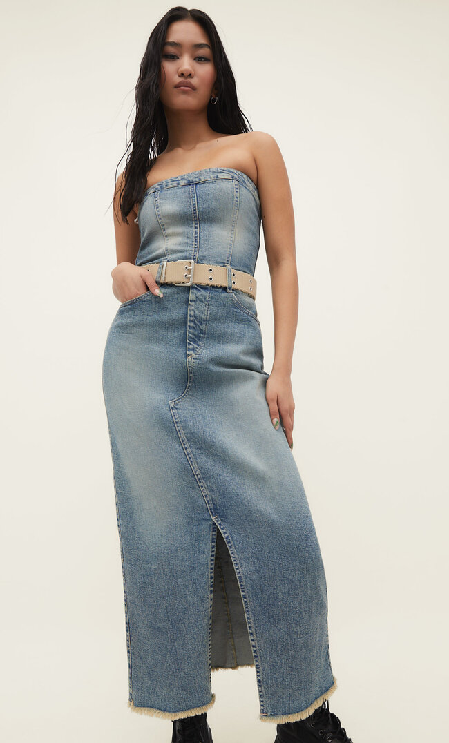 Stradivarius Jeanskleid mit Schlitz Jeansblau S