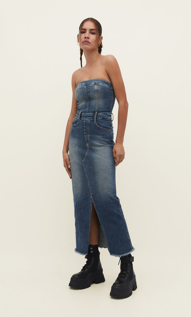 Stradivarius Jeanskleid mit Schlitz Medium dark blue Denim XL