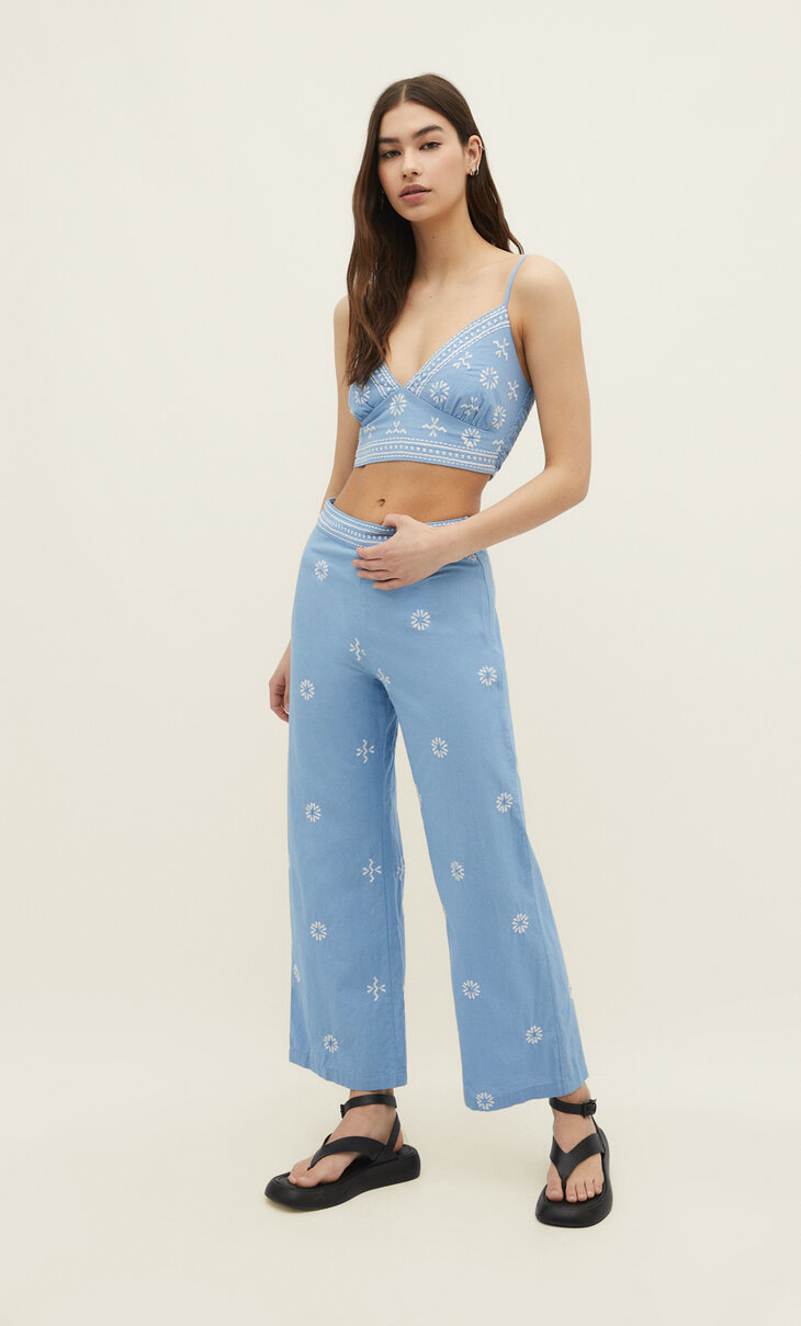 Embroidered culotte cut trousers