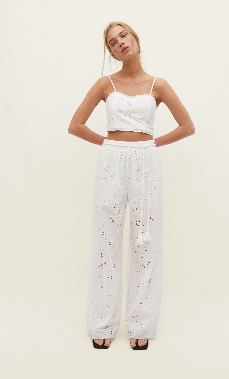 Wide-leg trousers with Swiss embroidery