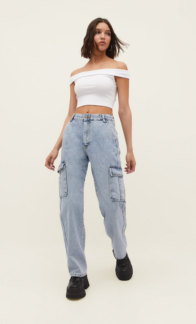 

Stradivarius Jeansy straight fit cargo Niebieski denim 42