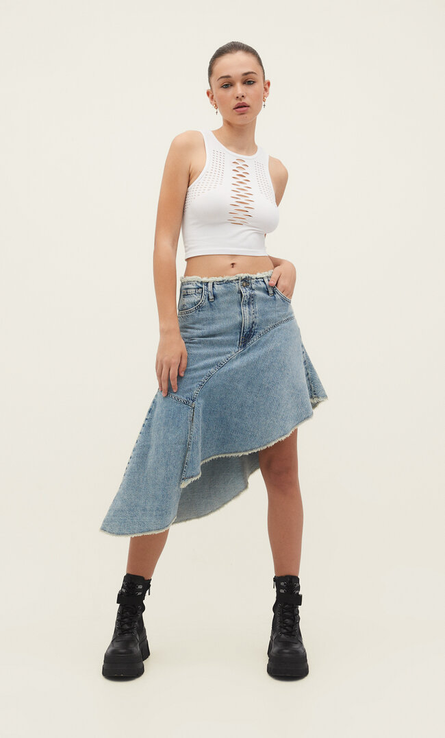 

Stradivarius Asymetryczna spódnica jeansowa z falbaną Denim 36