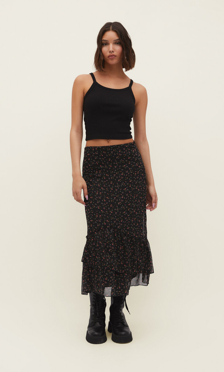 Printed midi skirt with ruffles