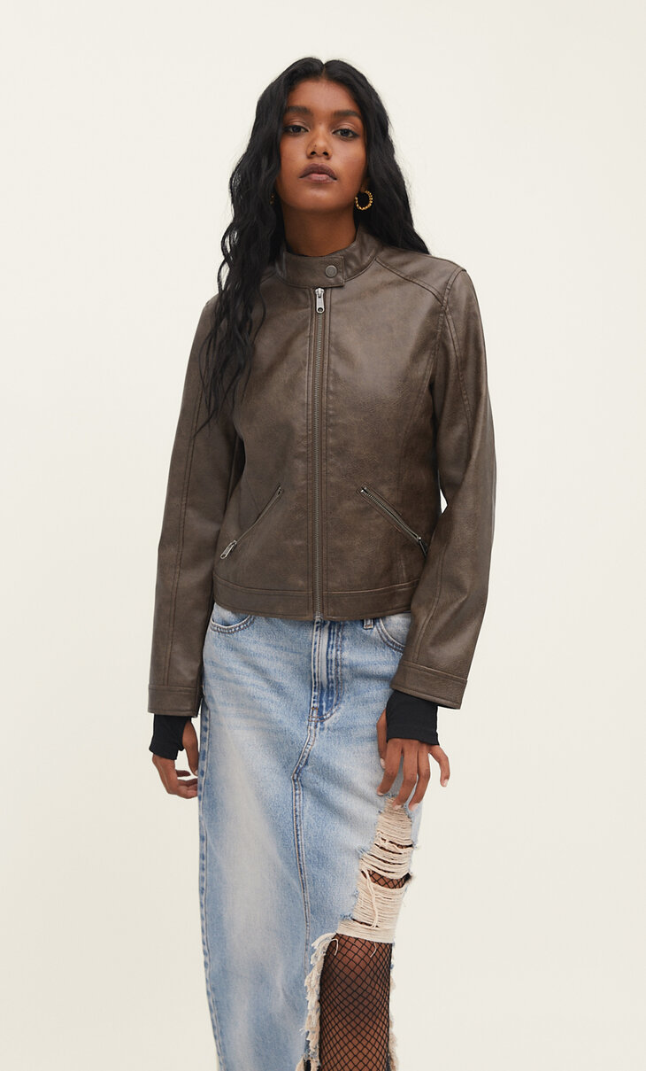 Faded fitted faux leather jacket - Women's fashion | Stradivarius United Kingdom