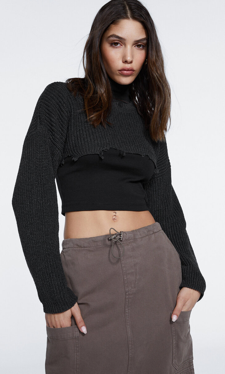 Cropped open knit jumper with rips