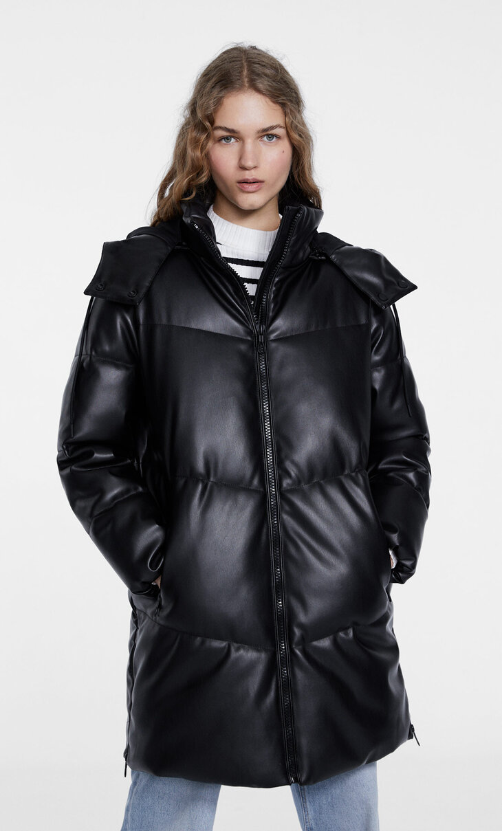 Long faux leather puffer coat with hood