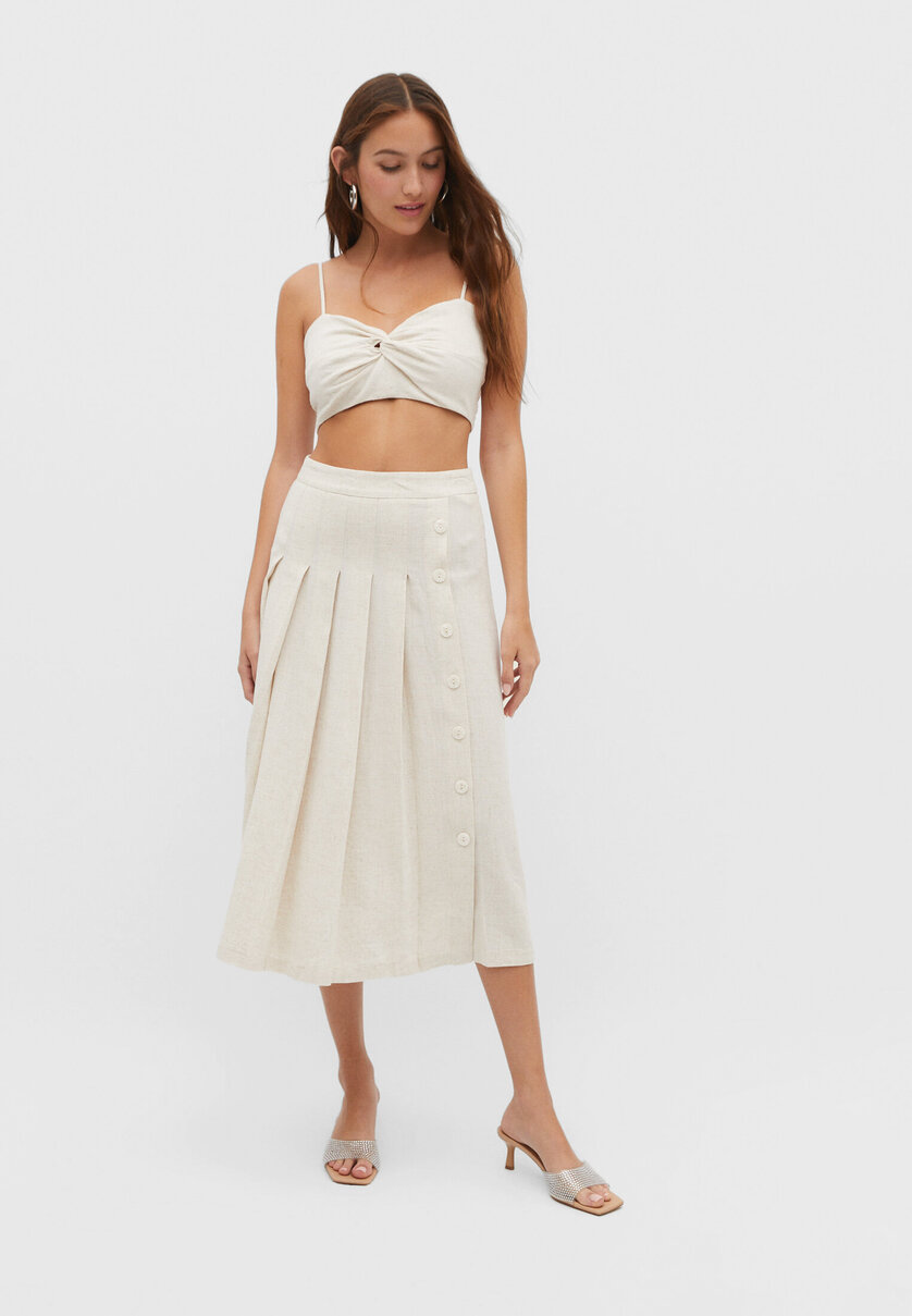 Linen blend box pleat midi skirt