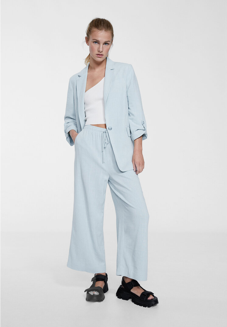 

Stradivarius Spodnie culotte z mieszanki lnu Błękitny XS