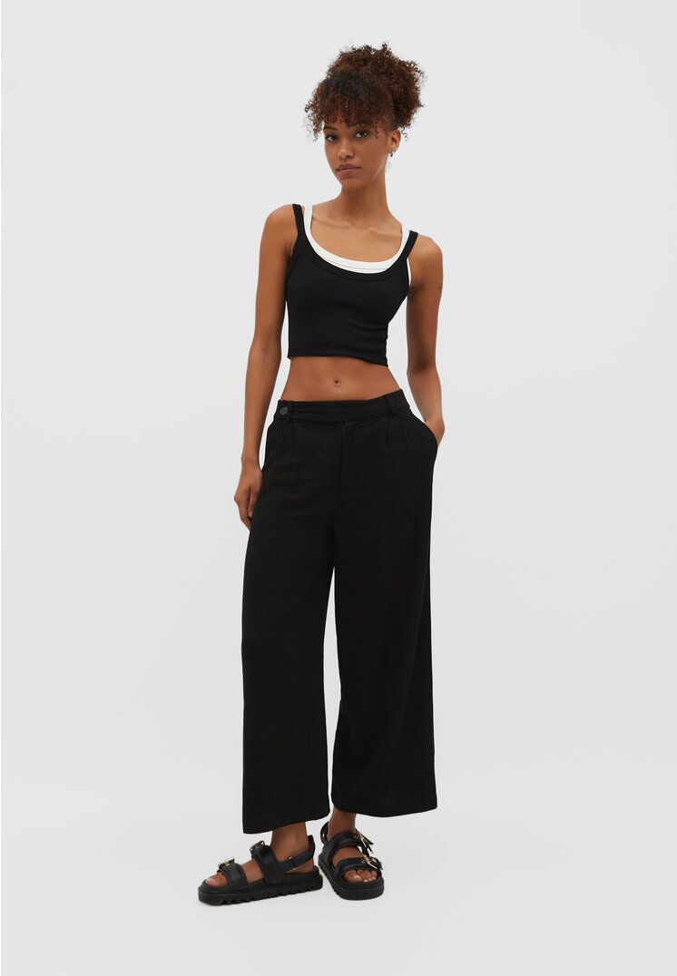 

Stradivarius Spodnie culotte z mieszanki lnu Czarny 36