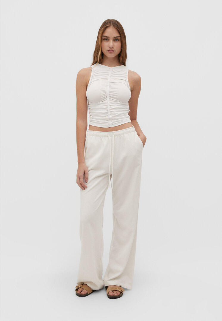 

Stradivarius Lange, fließende Hose Stil mit Leinenanteil Ecru S