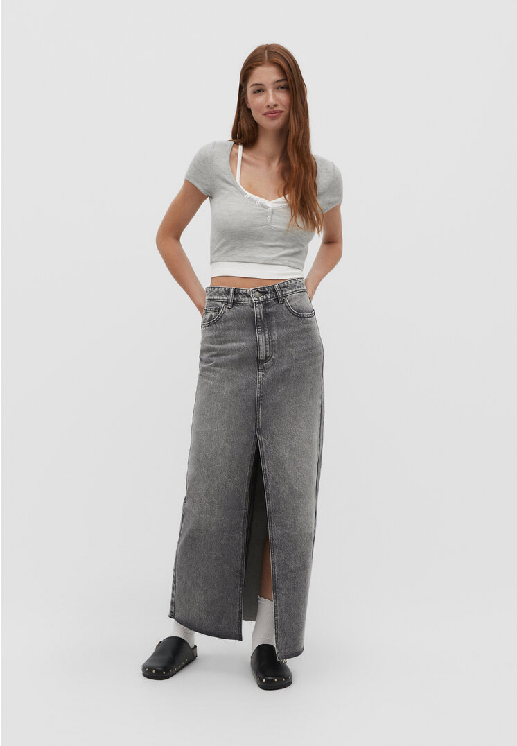 

Stradivarius Jeansowa spódnica maxi w stylu vintage Szary perłowy 32