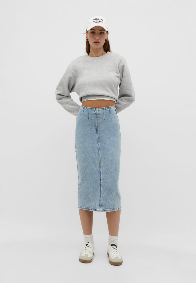 Denim midi skirt stretch sales